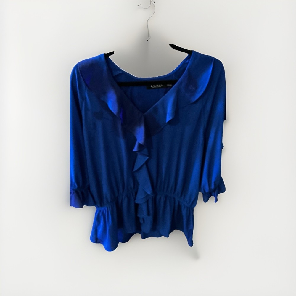 Lauren Ralph Lauren Blue Ruffle V-Neck 3/4 Sleeve Blouse Top XXL