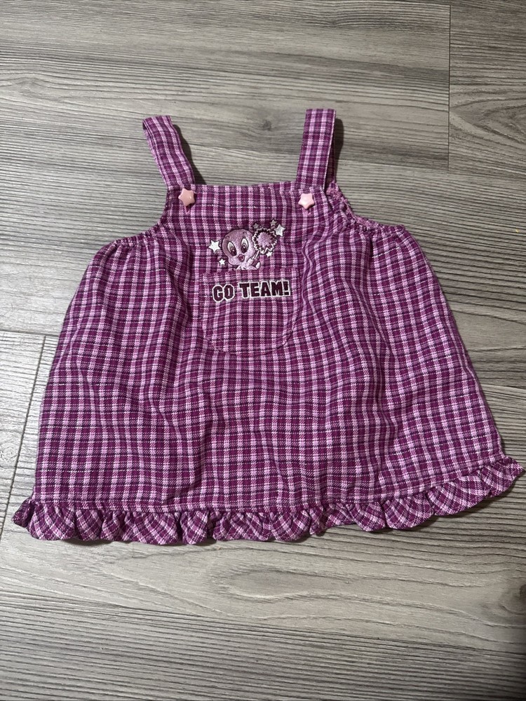 Baby Looney Tunes Baby Girl Romper Overall Dress 3-6mon Tweety Bird Purple Plaid