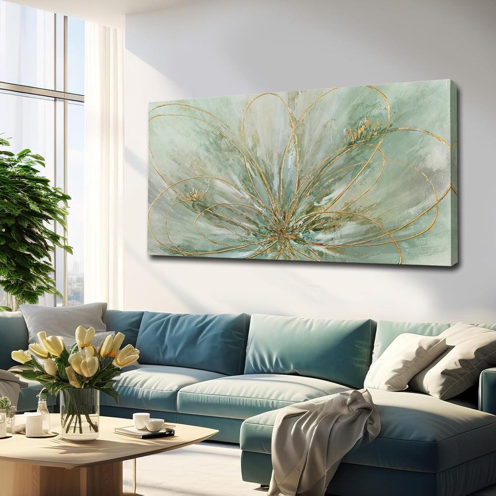 Green Flowers Canvas Wall Art Modern Paintings with Gold Foil Abstract Nature Wa-image