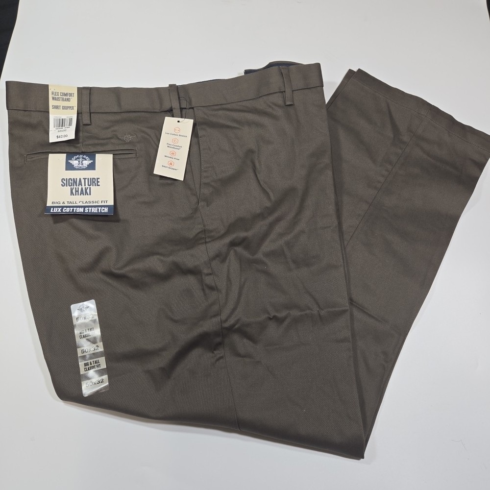 Dockers Signature Khaki Lux Cotton Stretch Pants Mens 50x32 Brown Big Tall Nwt