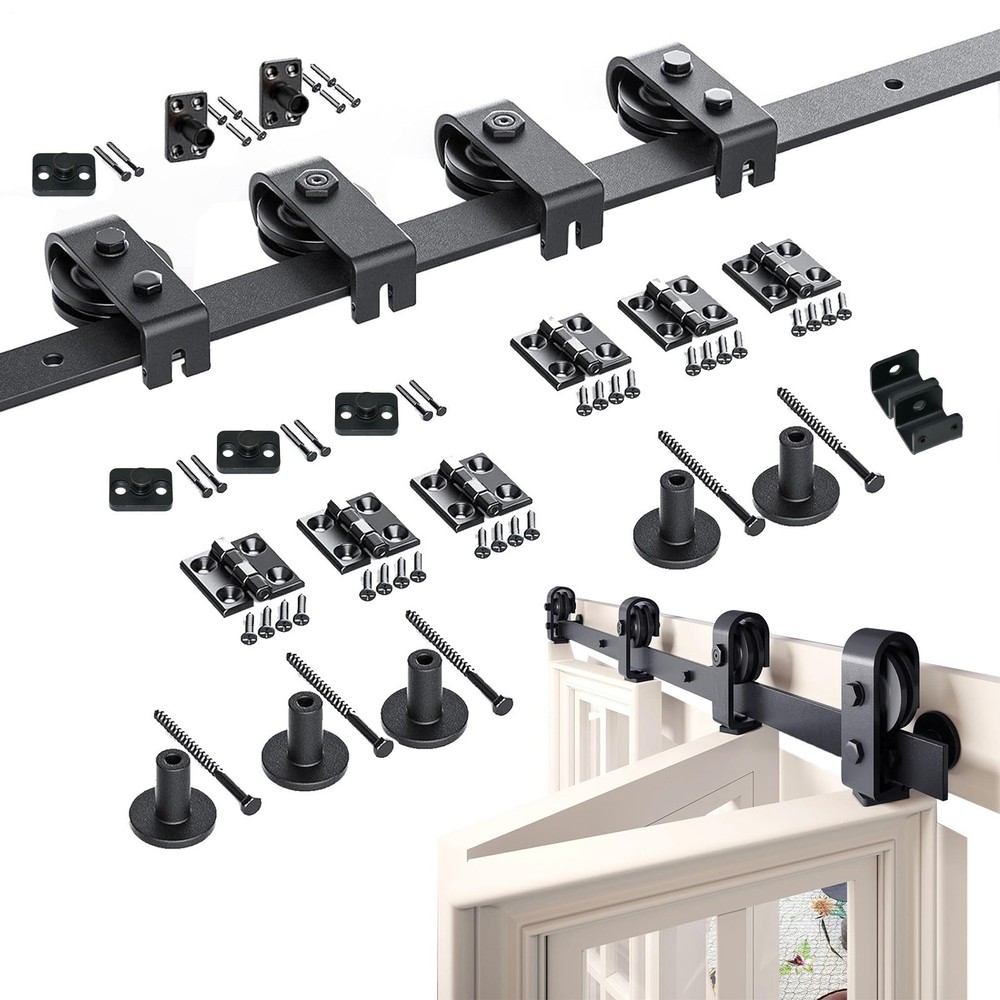 76in Black Bifold Sliding Barn Door Hardware Kit Brand New Track System