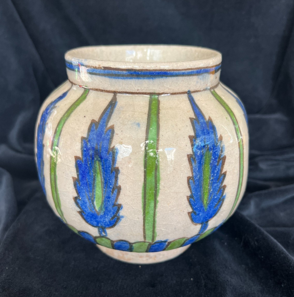 Vintage Hand Painted Pottery Cachepot Planter Blue Green Floral 6”