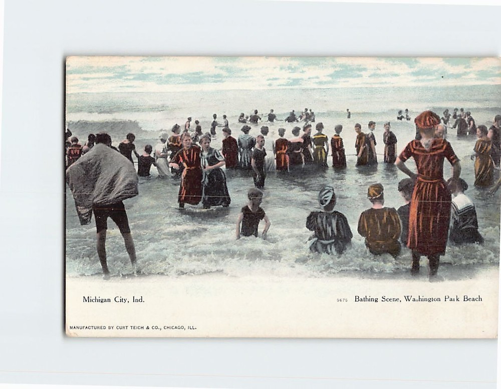 Postcard Bathing Scene Washington park Beach Michigan City Indiana USA