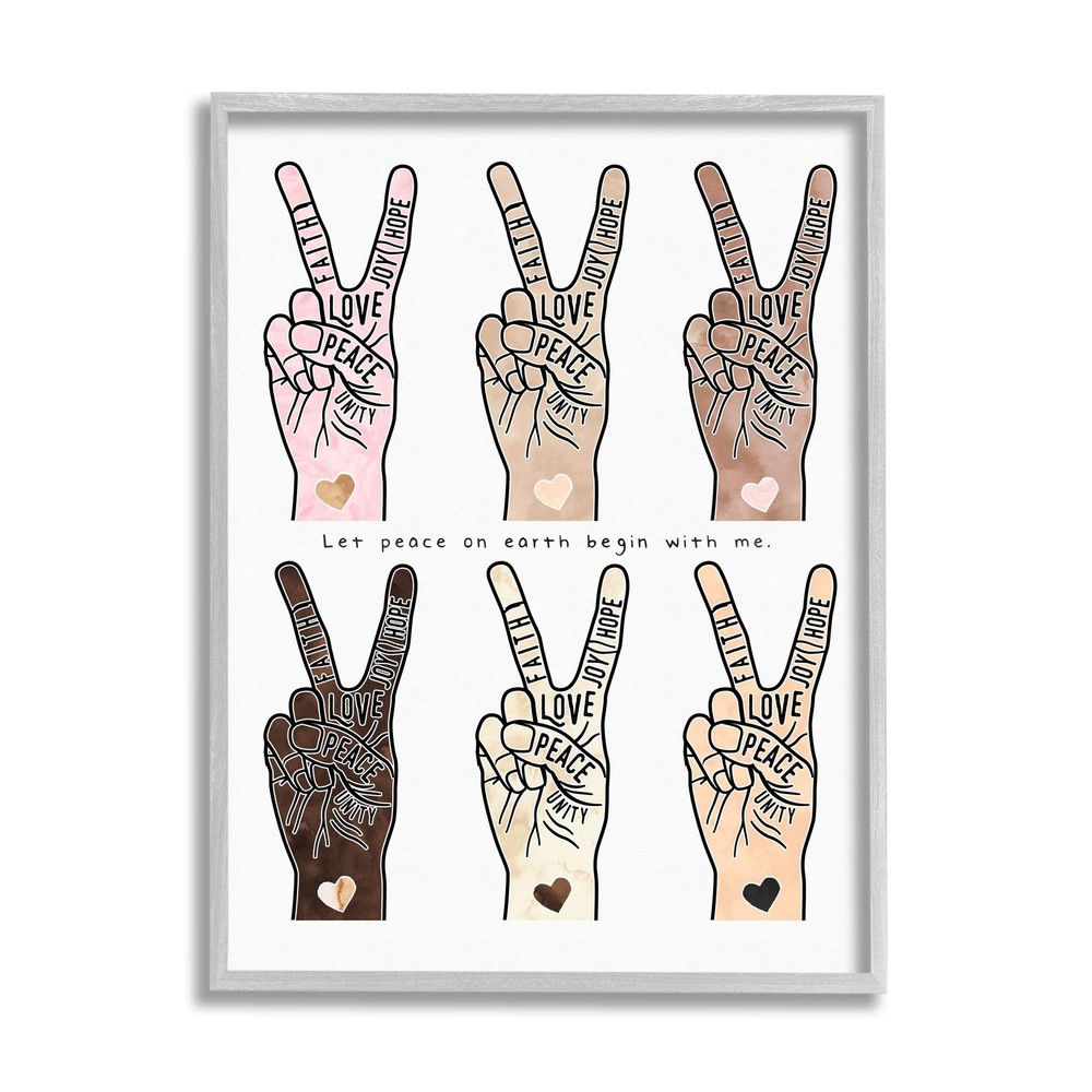Peace Begin with Me Phrase Diversity Hand Signs Grey Framed Wall Art, 24 x 30...