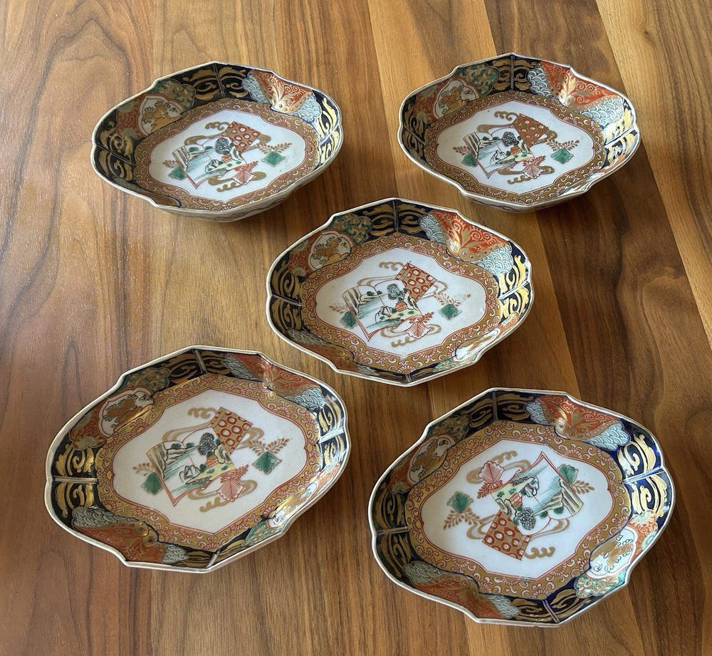 Set Of 5 Meiji Japanese Imari Bowls 6.75” X 5.25”
