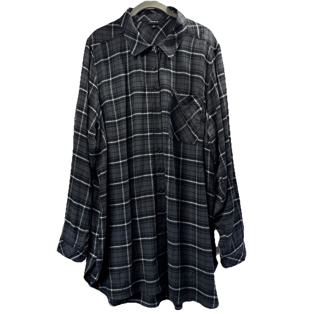 Torrid Women's Tunic Top Size 3X Black Gray Long Sleeve Flannel Button Up Soft