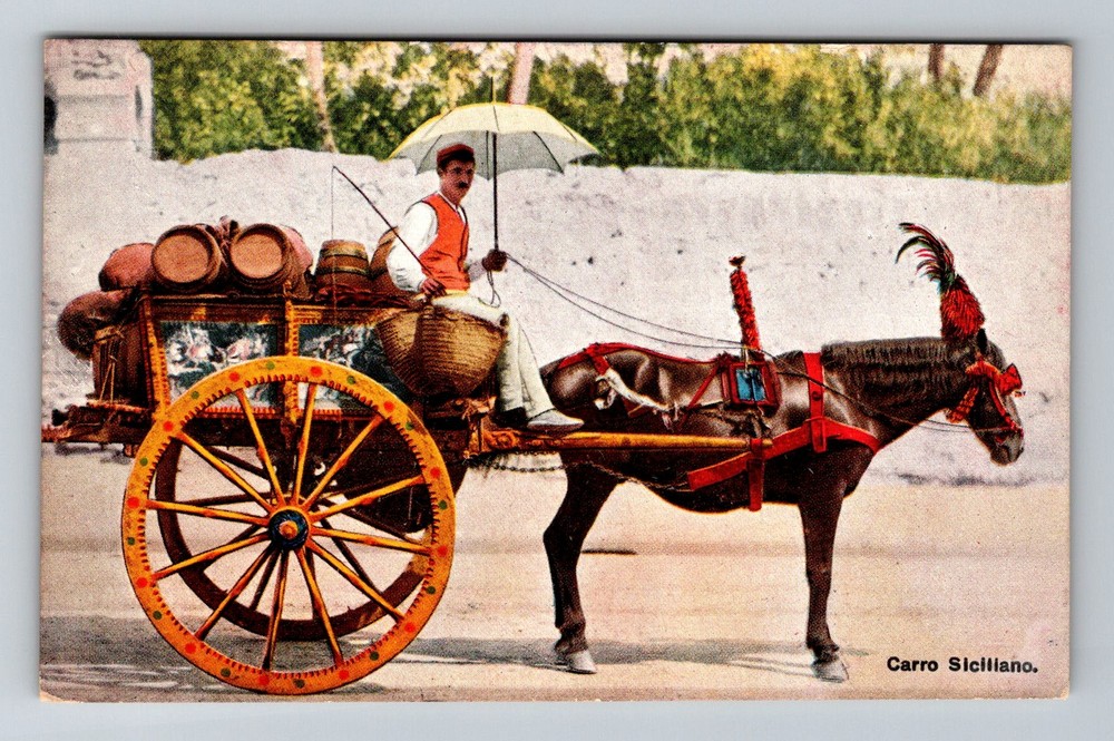 Italy- Sicily Decorative Donkey Drawn Wine Cart Souvenir Old PC Vintage Postcard