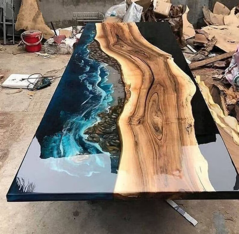 Epoxy River Table with Acacia Wood Base for Stylish Home Dining Decor  -image