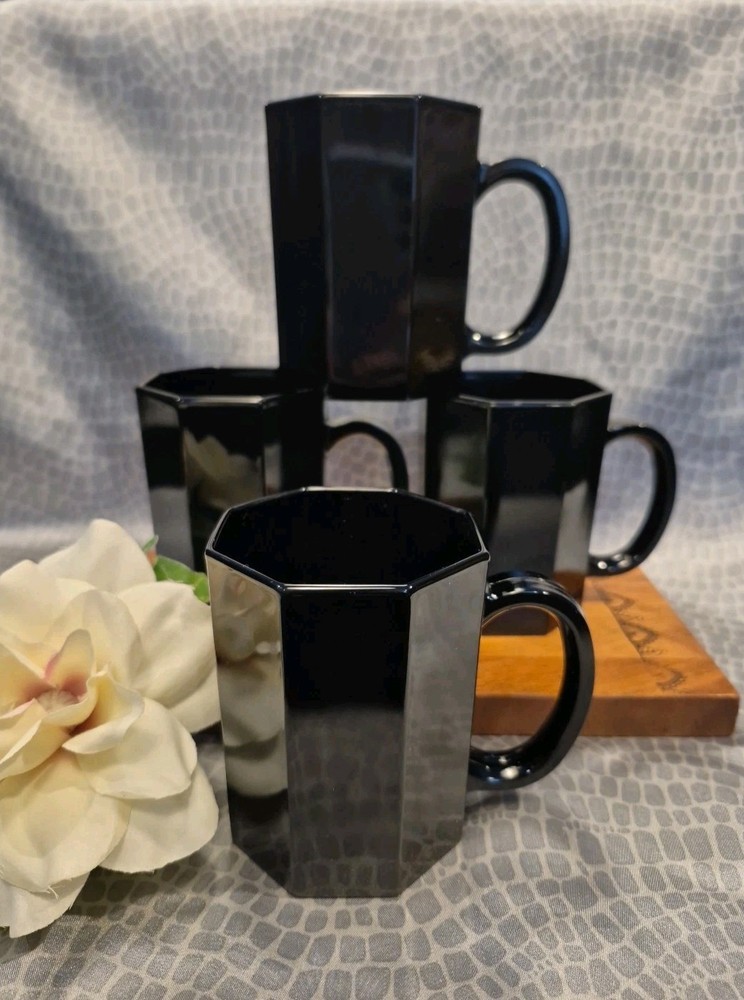 Vintage Arcoroc France Octime Black Onyx Glass Coffee Mugs Cups Octagon Set of 4