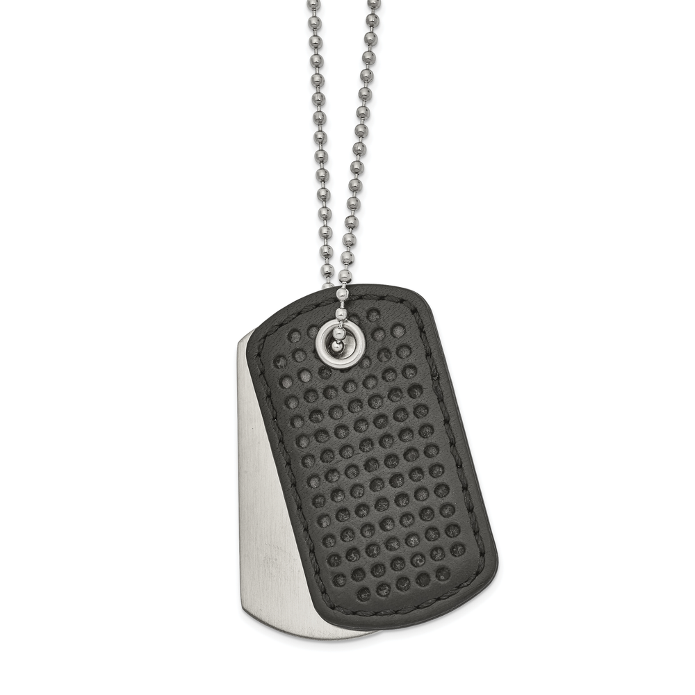 Solid Chisel Stnls Steel Black Leather 2 Piece Dog Tags Ball Chain Necklace 22