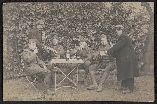 Photo:France 1917-1918 WWI Soldiers Drinking Wine Civilians Papers