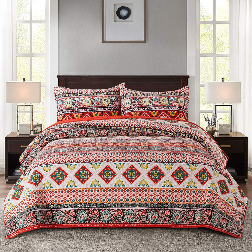 Cotton Bedspread Quilt Sets-Reversible Patchwork Coverlet Set, European Boho Str