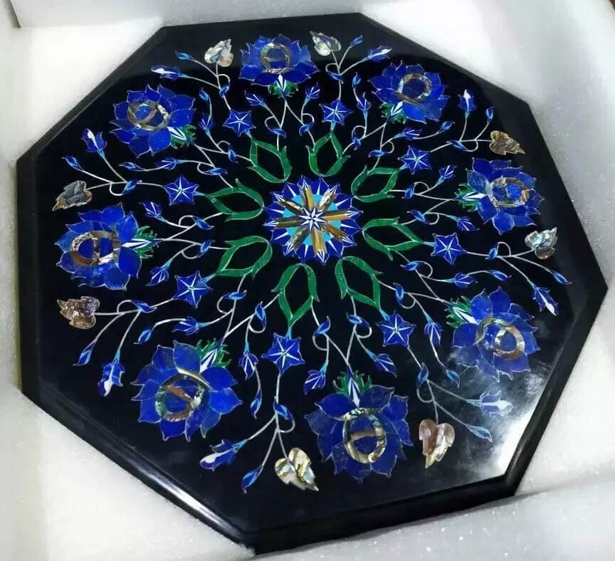 12-inch Black Marble Bedside Table with Handcrafted Lapis Lazuli Gemstone Inlay