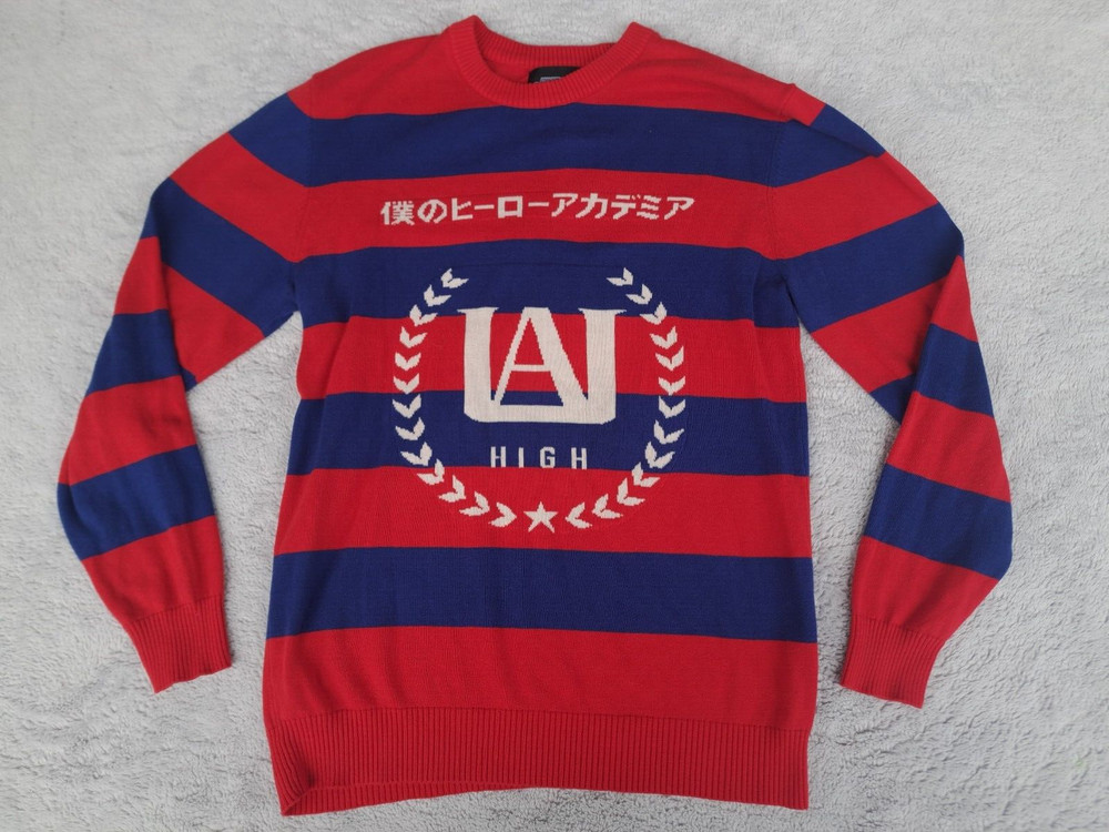 My Hero Academia Mens XL Striped Red Blue Ugly Christmas Sweater Anime Holiday
