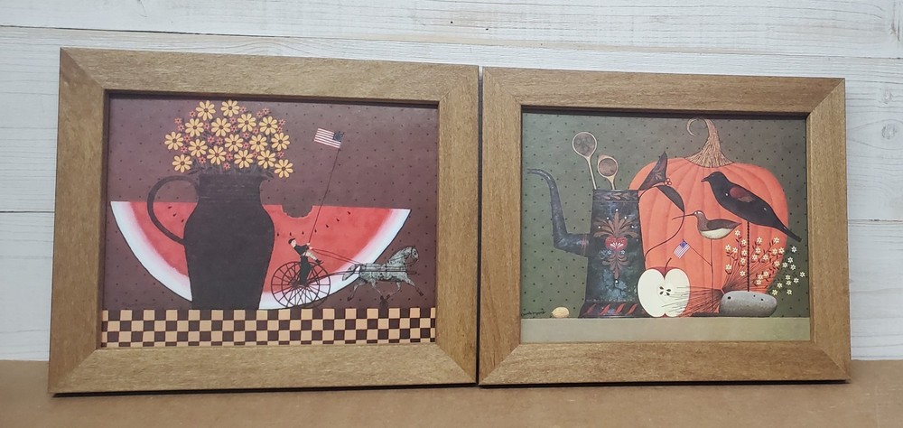 Grandma core decor Vintage Pair  8x10 watermelon pumpkin  framed  wall pictures