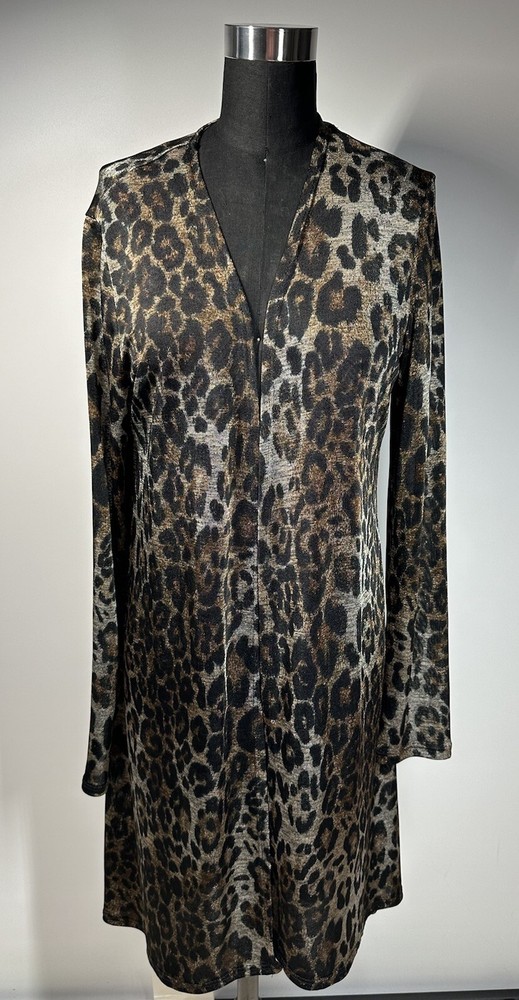 Clara Sun Woo Women’s Leopard Print Long Sleeve Long Cardigan Open Front  M