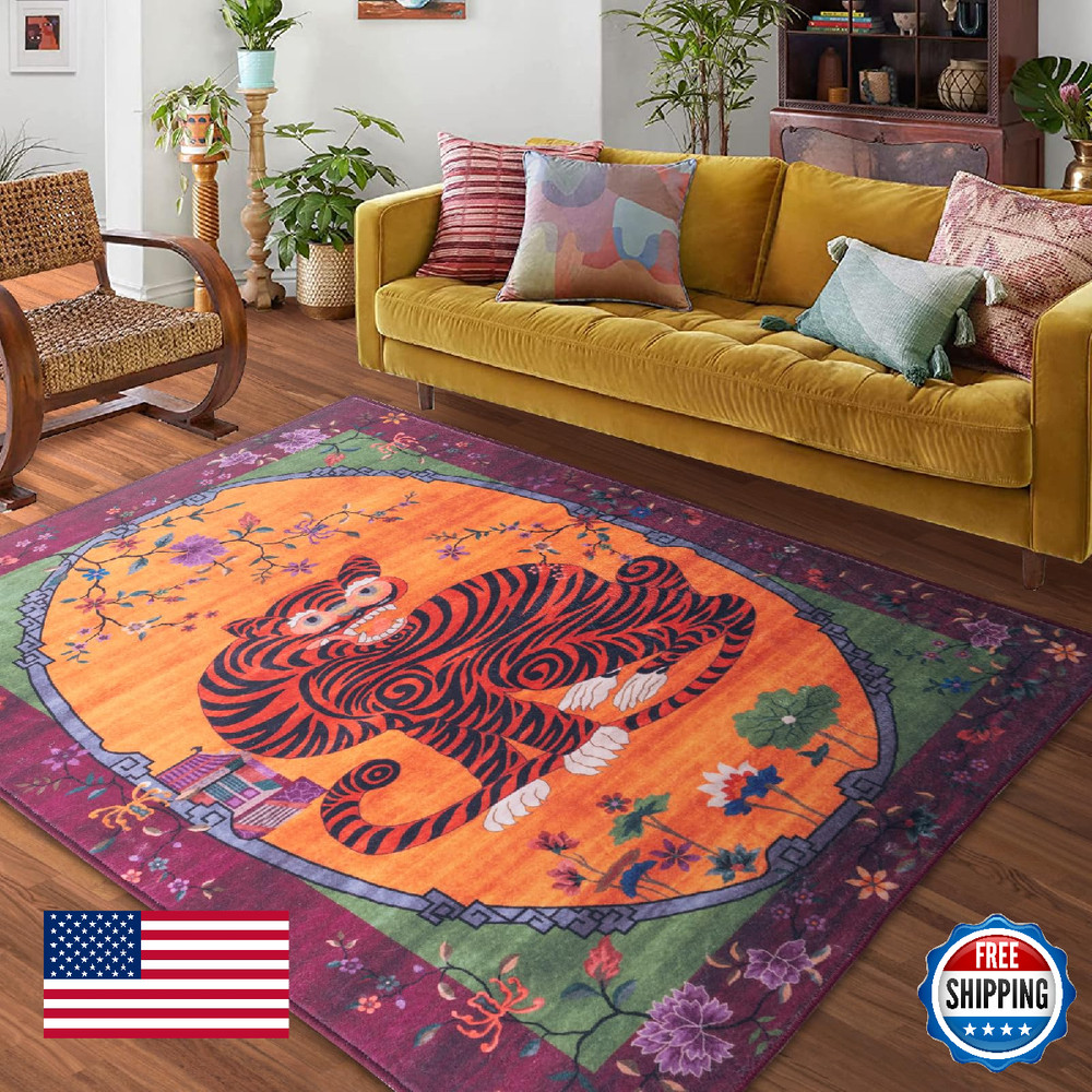 Tiger Rug Washable 3x5 ft Oriental Traditional Animal Print Vintage Fuchsia Flor