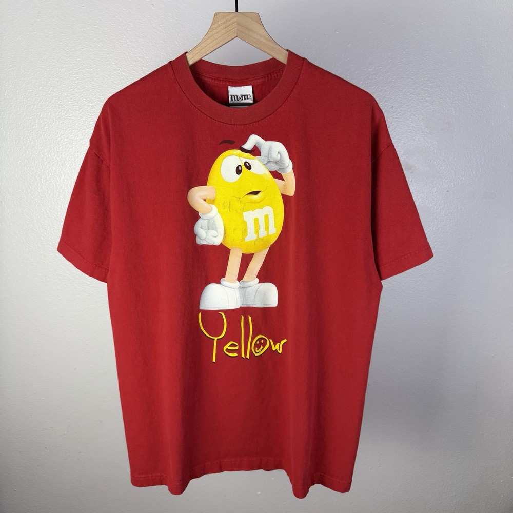 Y2K M&Ms Yellow Mars Candy Promo Humor Spell Out Vintage Red T Shirt Size XL