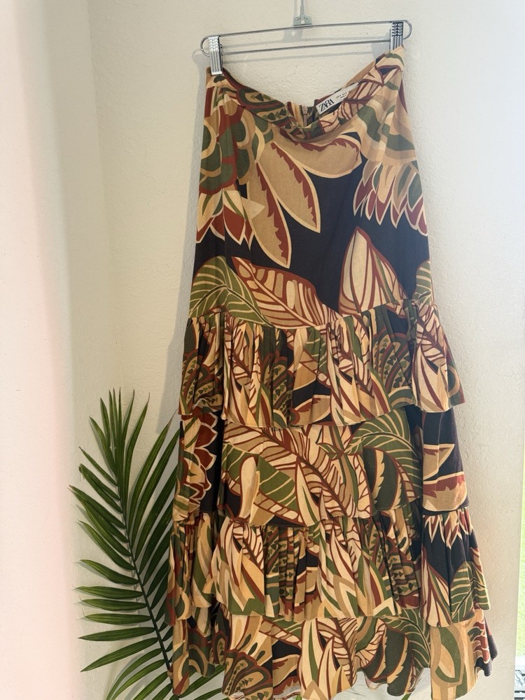 ZARA Tropical Print Layered Ruffle Long Flare Skirt Cotton Size S