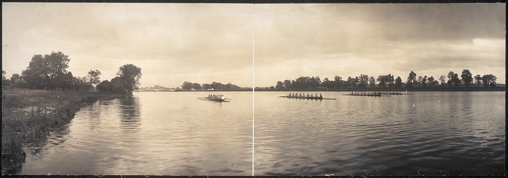 1908 Panoramic: Four eight-oared shells on Carnegie Lake,Princeton,New Jersey