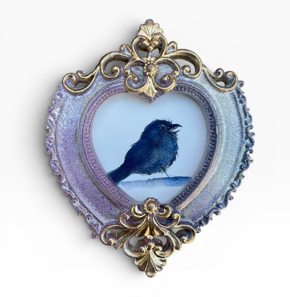 Raven 🐦⬛ watercolor mini bird print in vintage style ornate frame