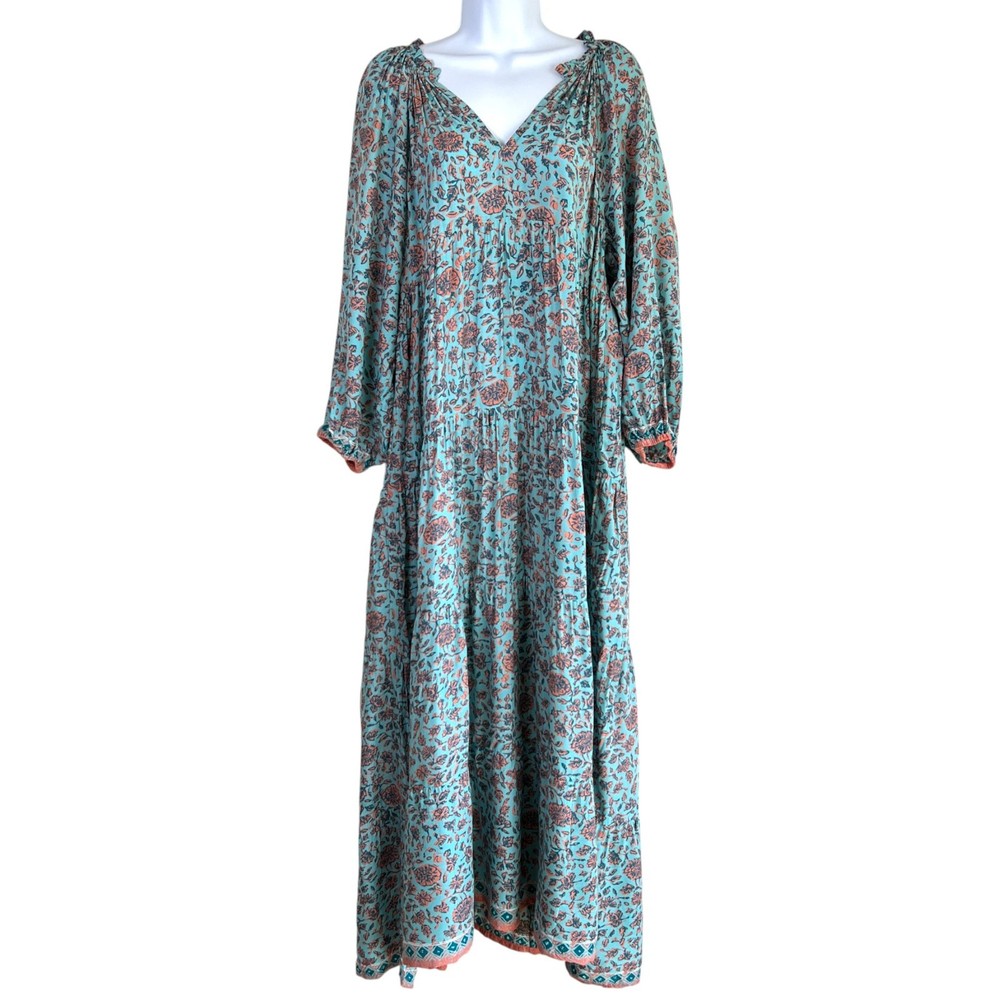 Natalie Martin Boho Floral Tiered Maxi Dress Size L Cottage Peasant Resort Indie