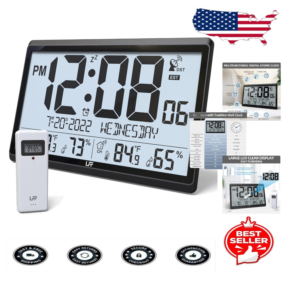 Accurate 15-Inch Atomic Clock - Easy to Read with Multi-Time Zone and Humidity-image