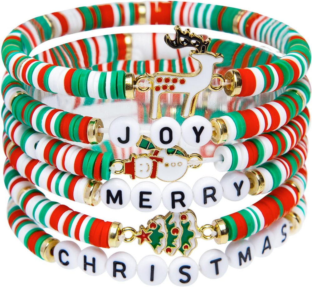 6 Pack Christmas Bracelets: Joy & Merry Candy-Style Stacks for Women & Teens - P