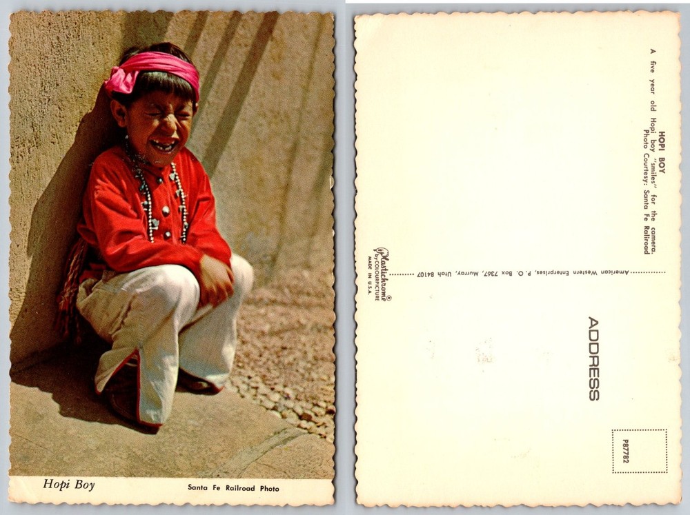 Vintage Hopi Boy Smiling Native American Santa Fe Railroad Plastichrome Postcard