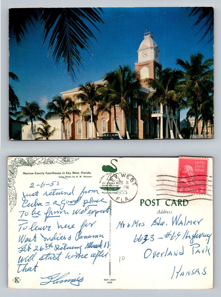 Key West, FL-Florida, Monroe Co. Courthouse & Clock Tower Vintage c1955 Postcard
