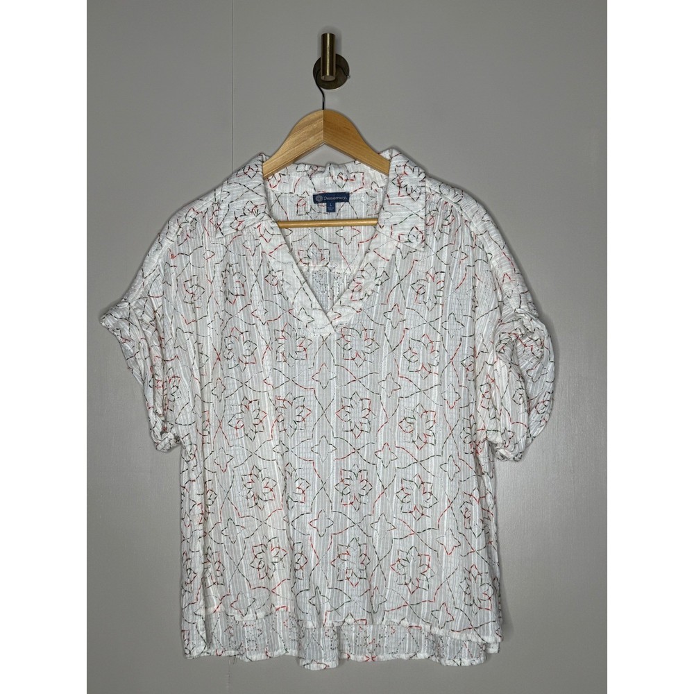 Democracy Womens White Embroidered Cotton V-Neck Blouse Short Sleeve Top L