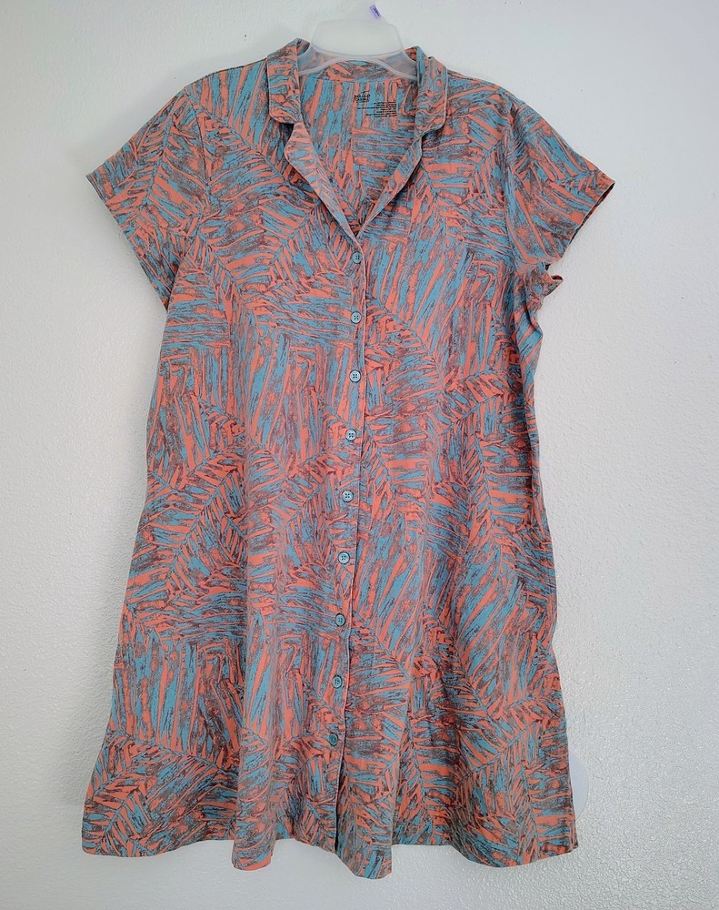 Patio Casuals by Cabernet Tropical Leaf Print Button Front Dress Women’s Large