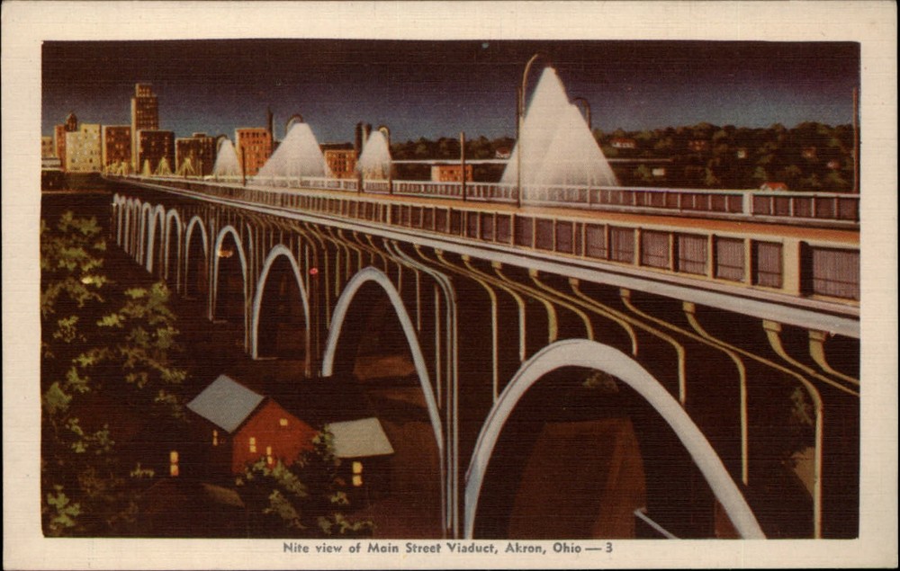 Akron Ohio Main Street Viaduct aerial view night ~ unused linen postcard sku943