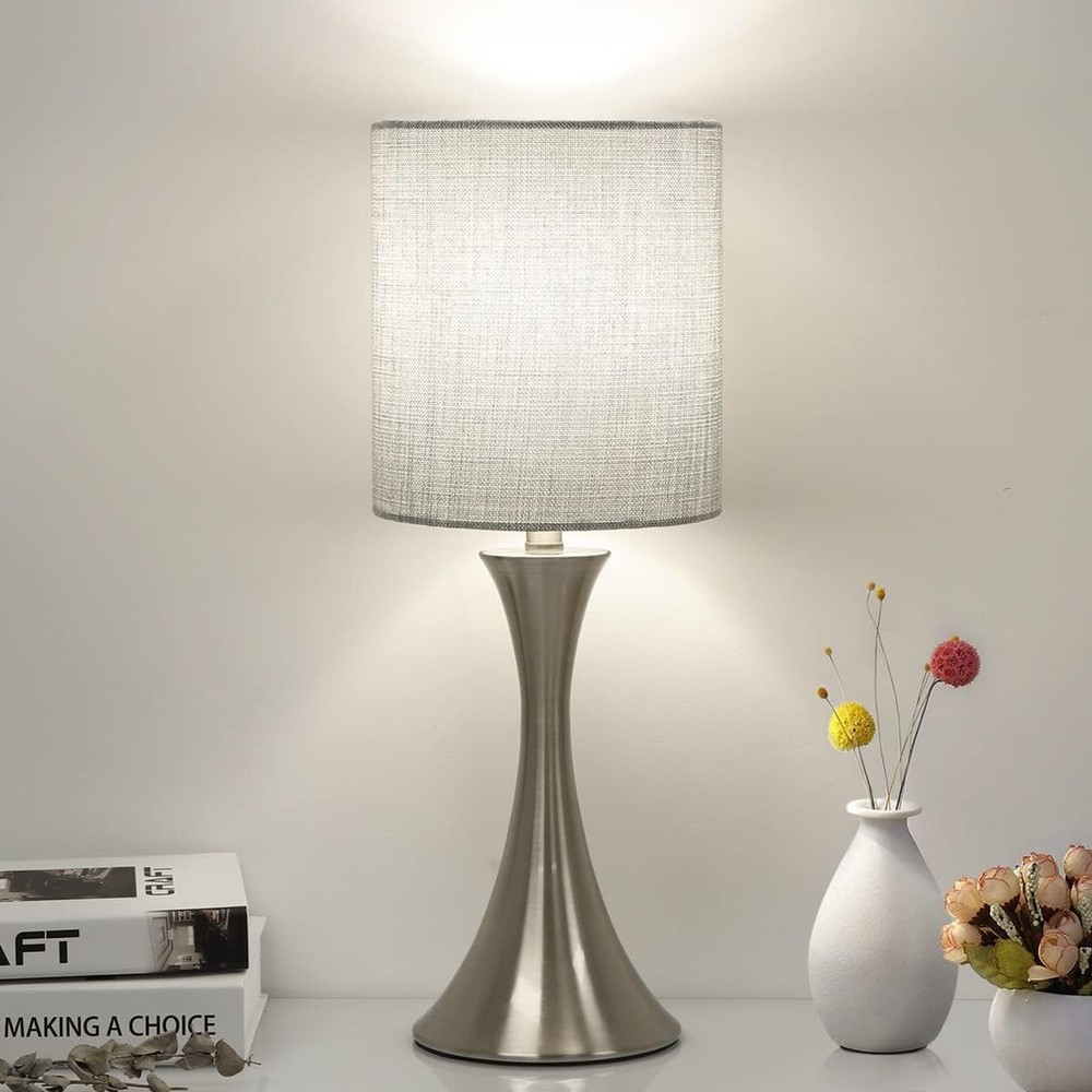 3 Way Touch Control Table Lamp, Dimmable Bedside Silver Base with Gray Shade
