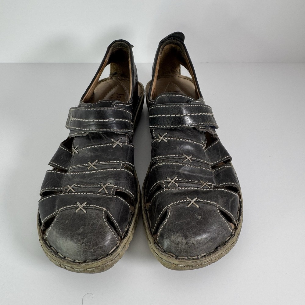 Josef Seibel Rosalie Women 38 US 7-7.5 Black Leather Fisherman Sandals Close Toe
