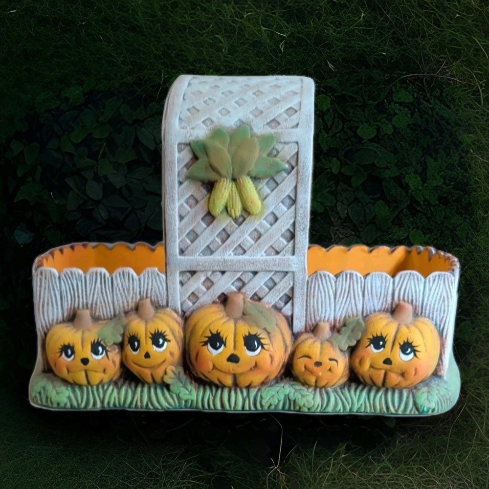 Vtg Ceramic Pumpkin Fall Halloween Basket Planter Kitschy Centerpiece 7