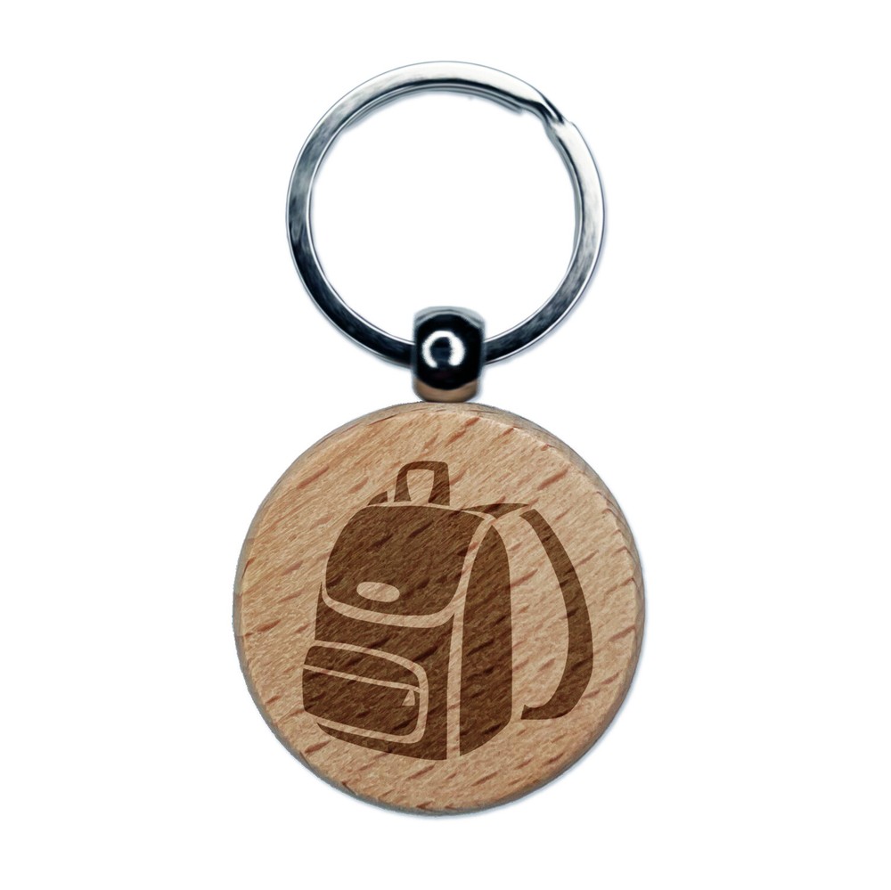 Backpack Icon School and Travel Engraved Wood Round Keychain Tag Charm