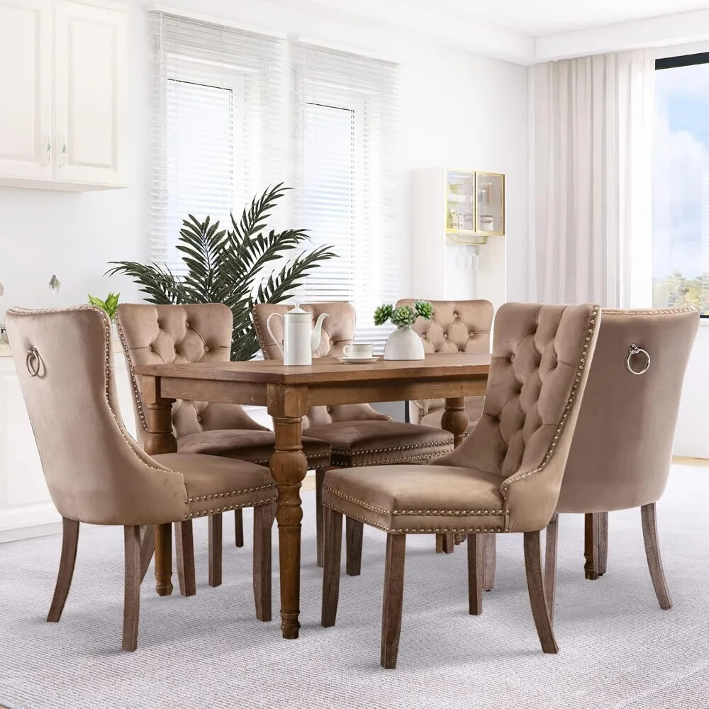 6 Modern Upholstered Dining Chairs with Button Back Ring & Solid Wood Legs