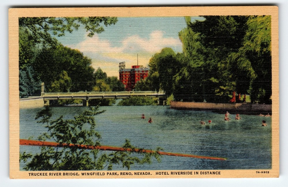 Vintage Truckee River Bridge Wingfield Park Reno Nevada Linen Postcard