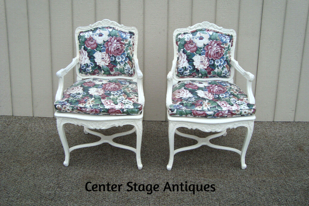 60612 PAIR of Romantic Shabby BERGERE Floral Armchairs with Factory White Finish