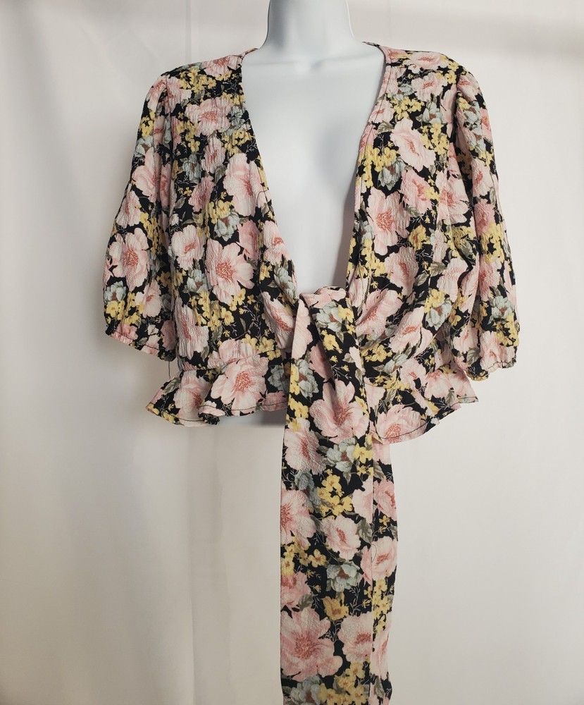 Forever 21 Floral Wrap Blouse Top 1X Pink Black Peplum Puff Sleeve Boho Casual