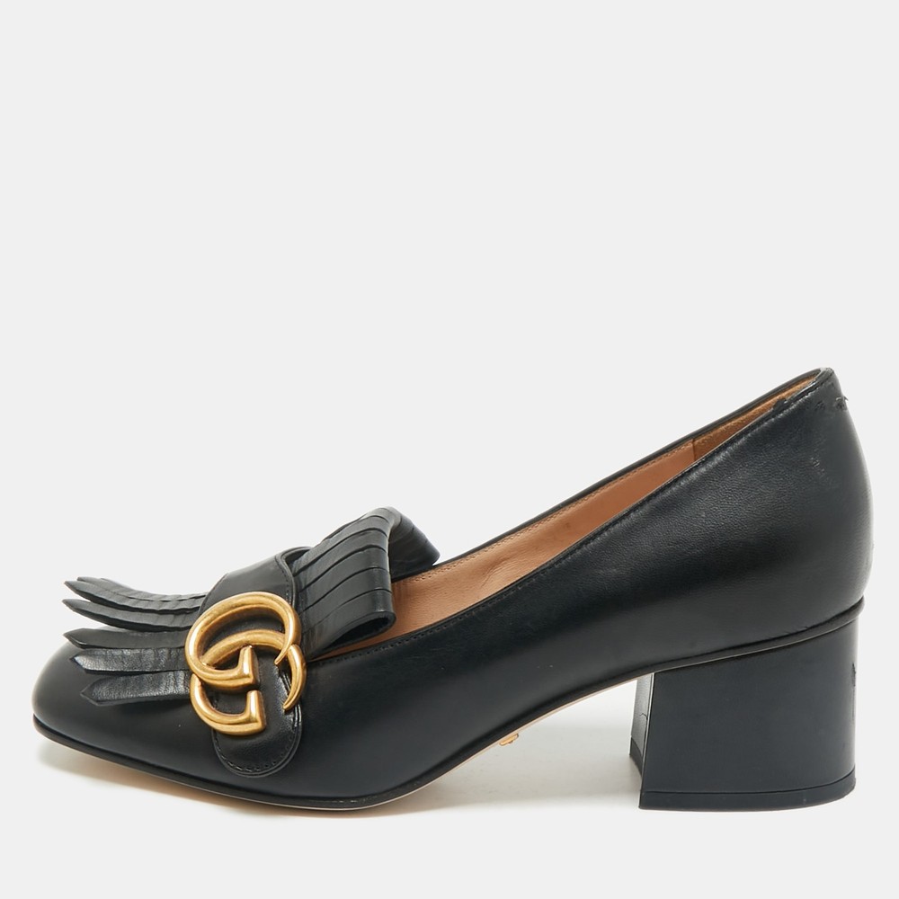 Gucci GG Marmont Black Leather Fringe Block Heel Pumps Size 35