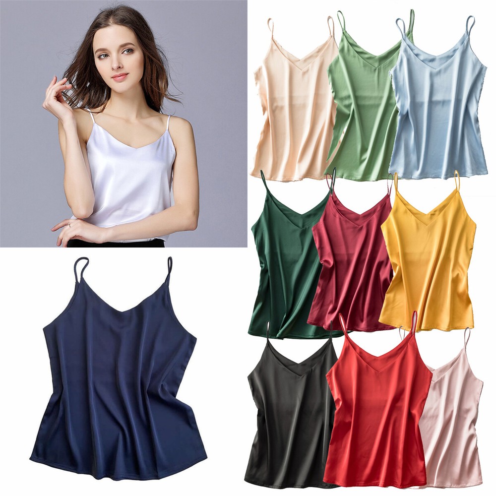 Women's Silk Satin Tank Cami Plain Sleeveless Strappy Camisole Vest Casual Tops