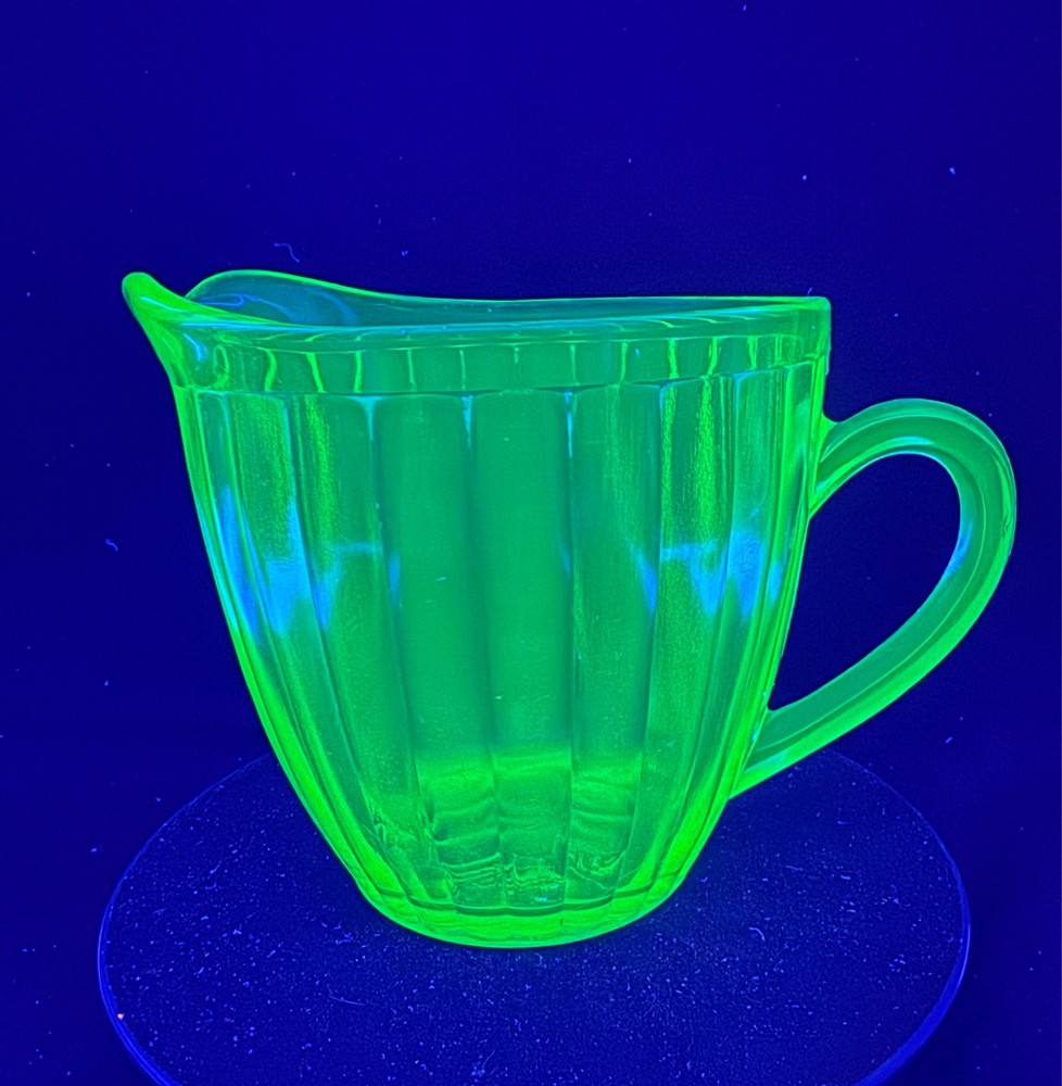 Vintage Uranium Glass Short Ribbed Water Pitcher in Green Glow