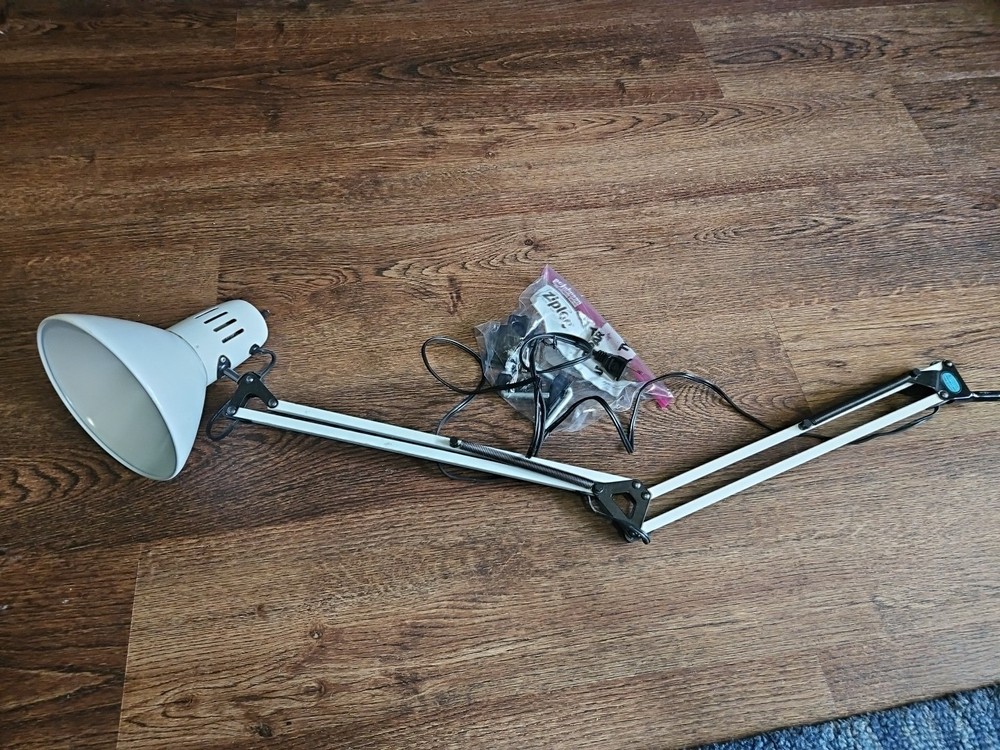 Vintage MCM White Drafting Lamp Articulating Swing Arm Industrial Desk Light