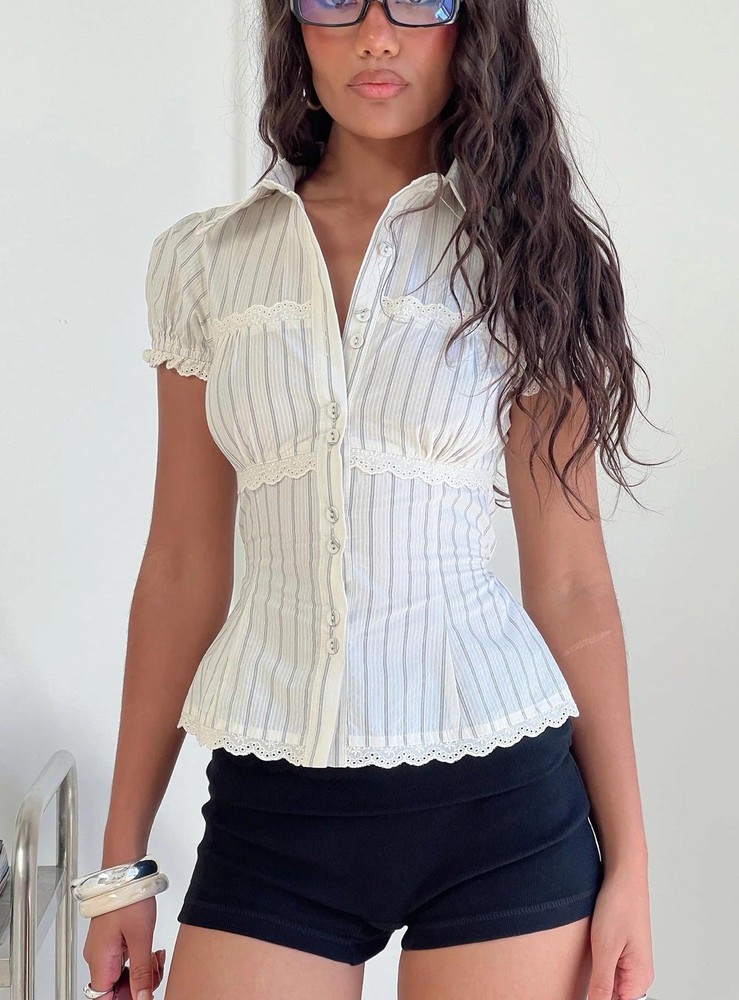 Deserve You Puff Sleeve Button Front Top Cream Stripe Petite US 8