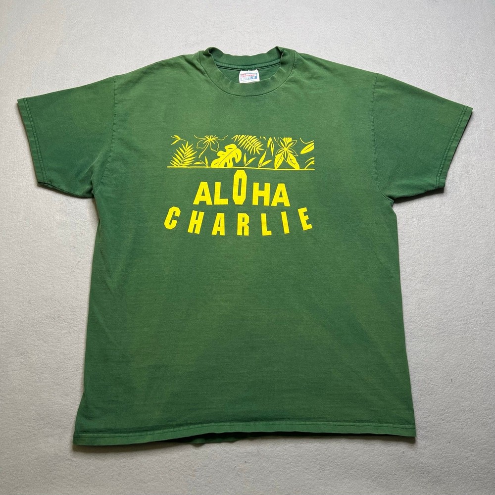 Vintage Aloha Charlie Hawaii T-Shirt Men’s XL Green Tropical Graphic Tee USA