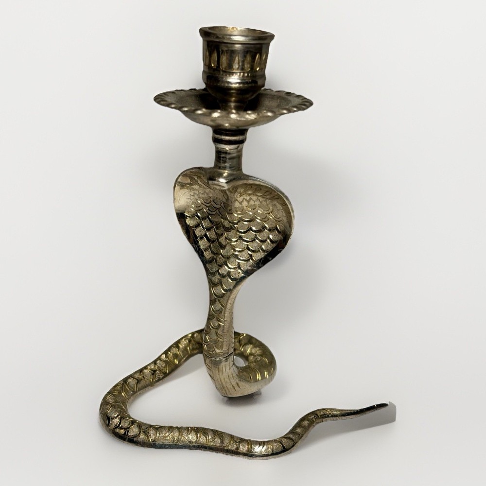 Vintage Cobra Snake Candlestick Etched Brass Silver Gold Toned 6” Candle Holder