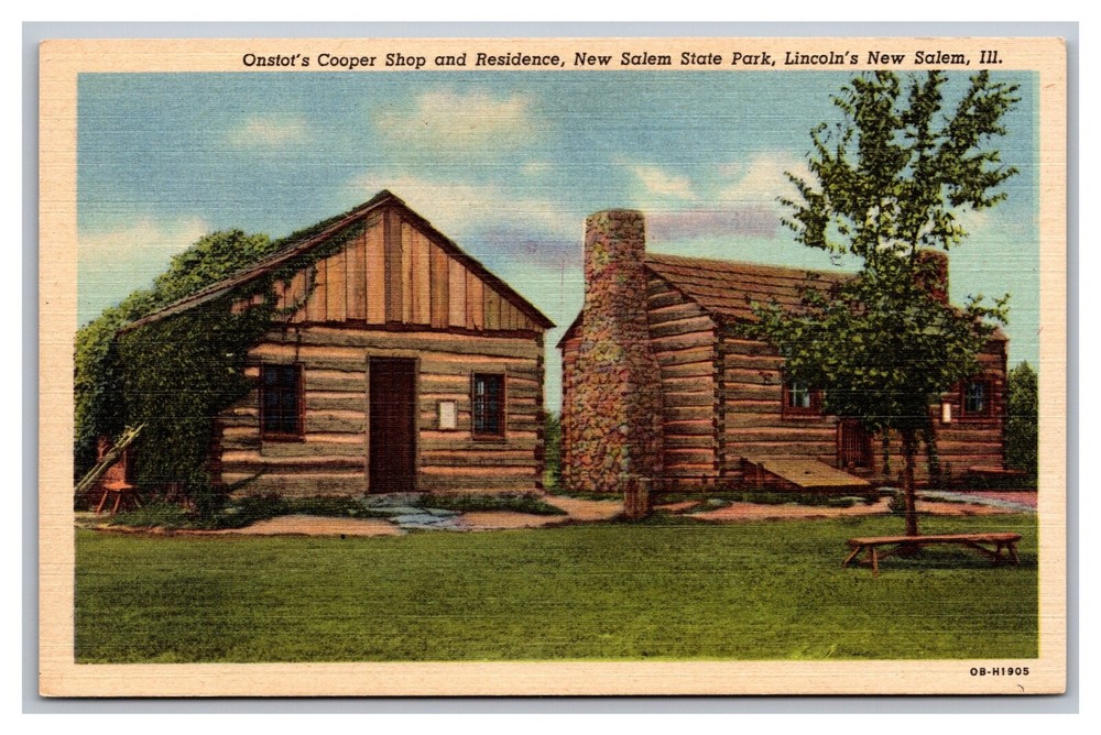 New Salem State Park IL Illinois Onstot's Cooper Shop & Residence Linen Postcard