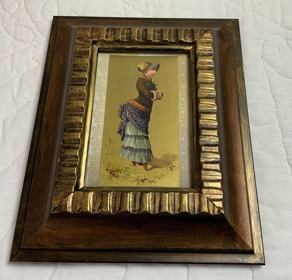 Vintage Victorian Ephemera Framed Trade Card featuring Elegant Lady in Fancy Dress & Hat